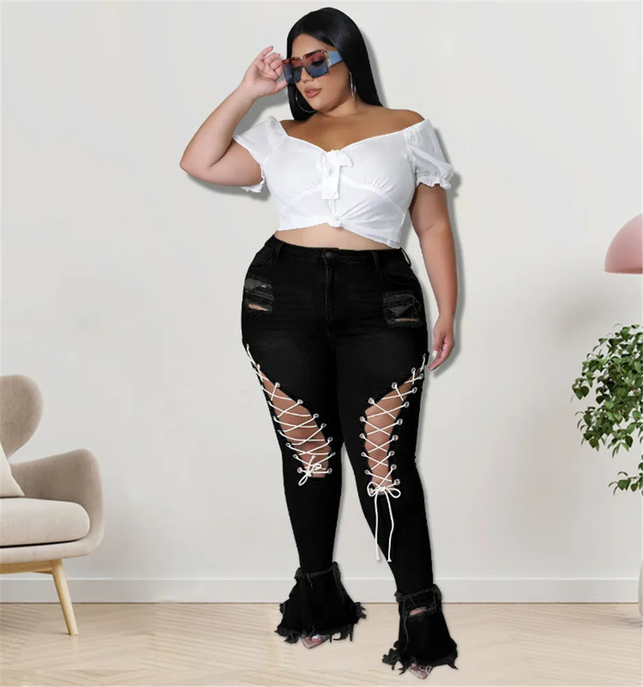 Women Plus Size  Bandage High Waist Tassel Denim Pants