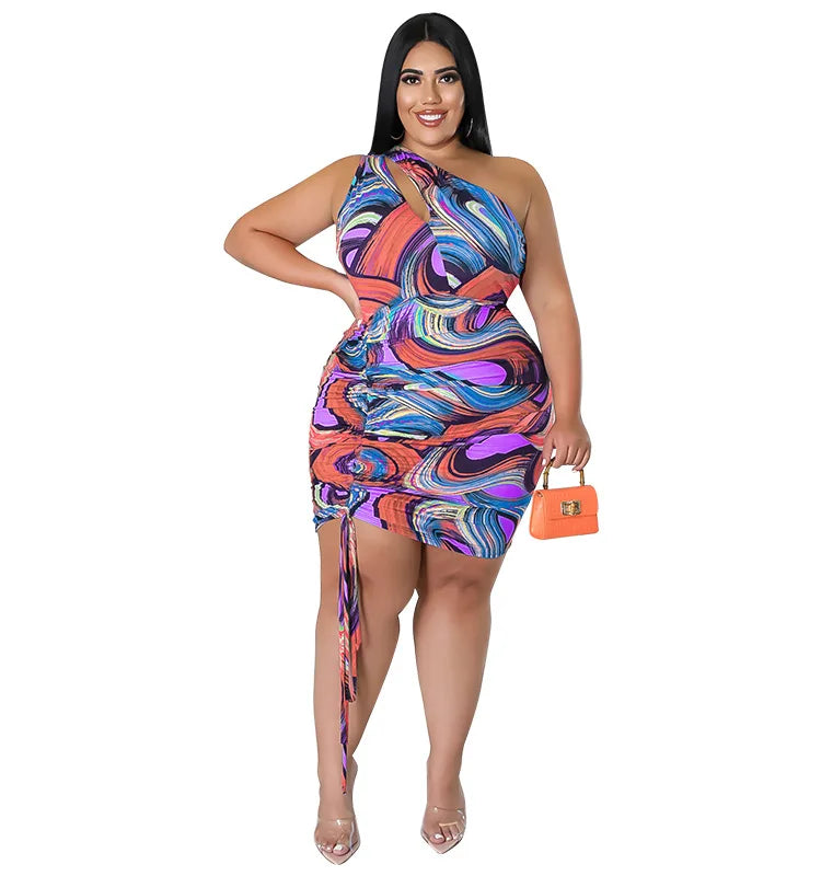 Women Plus Size Single Shoulder Hollow Out Mini Dress