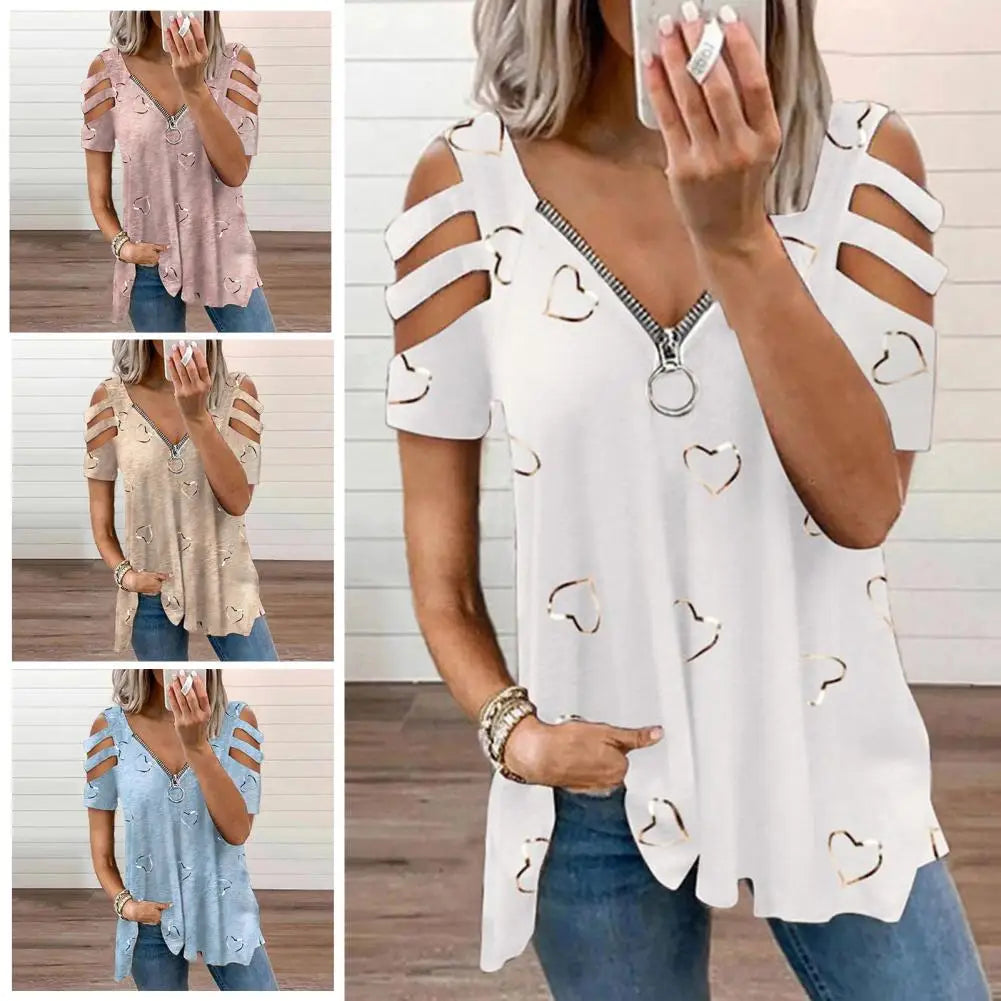 Women V Neck Low-cut Hollow Out Blouse