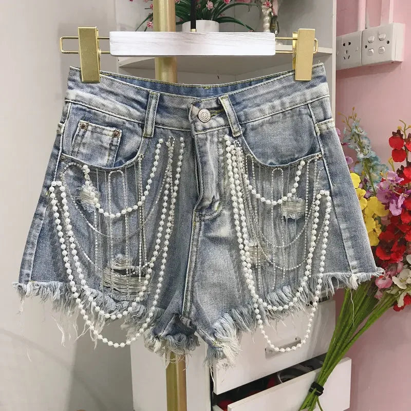 Women Denim Pearl Pendant Shorts