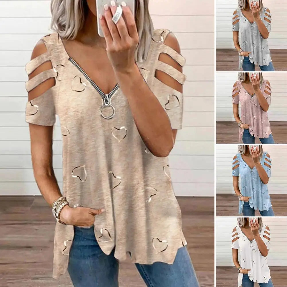 Women V Neck Low-cut Hollow Out Blouse