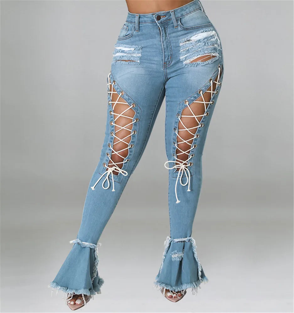 Women Plus Size  Bandage High Waist Tassel Denim Pants