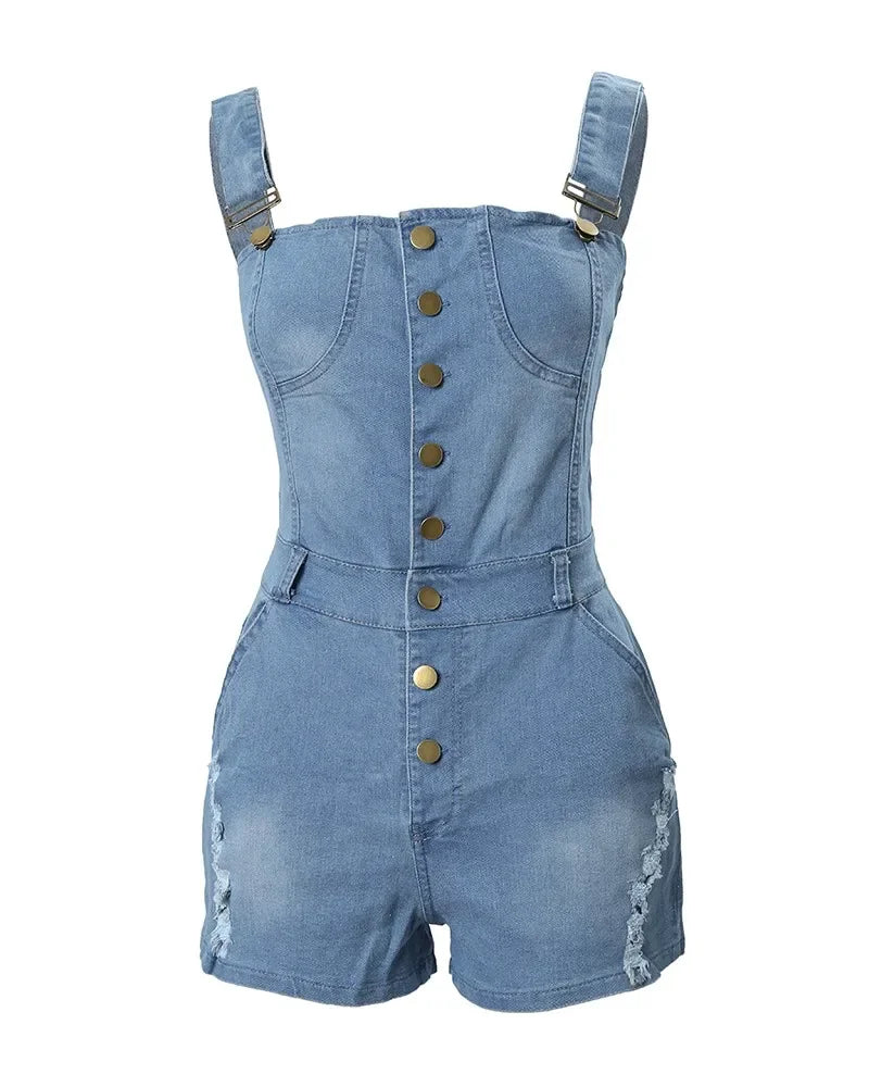 Women Thin Strap Buttoned Denim Romper