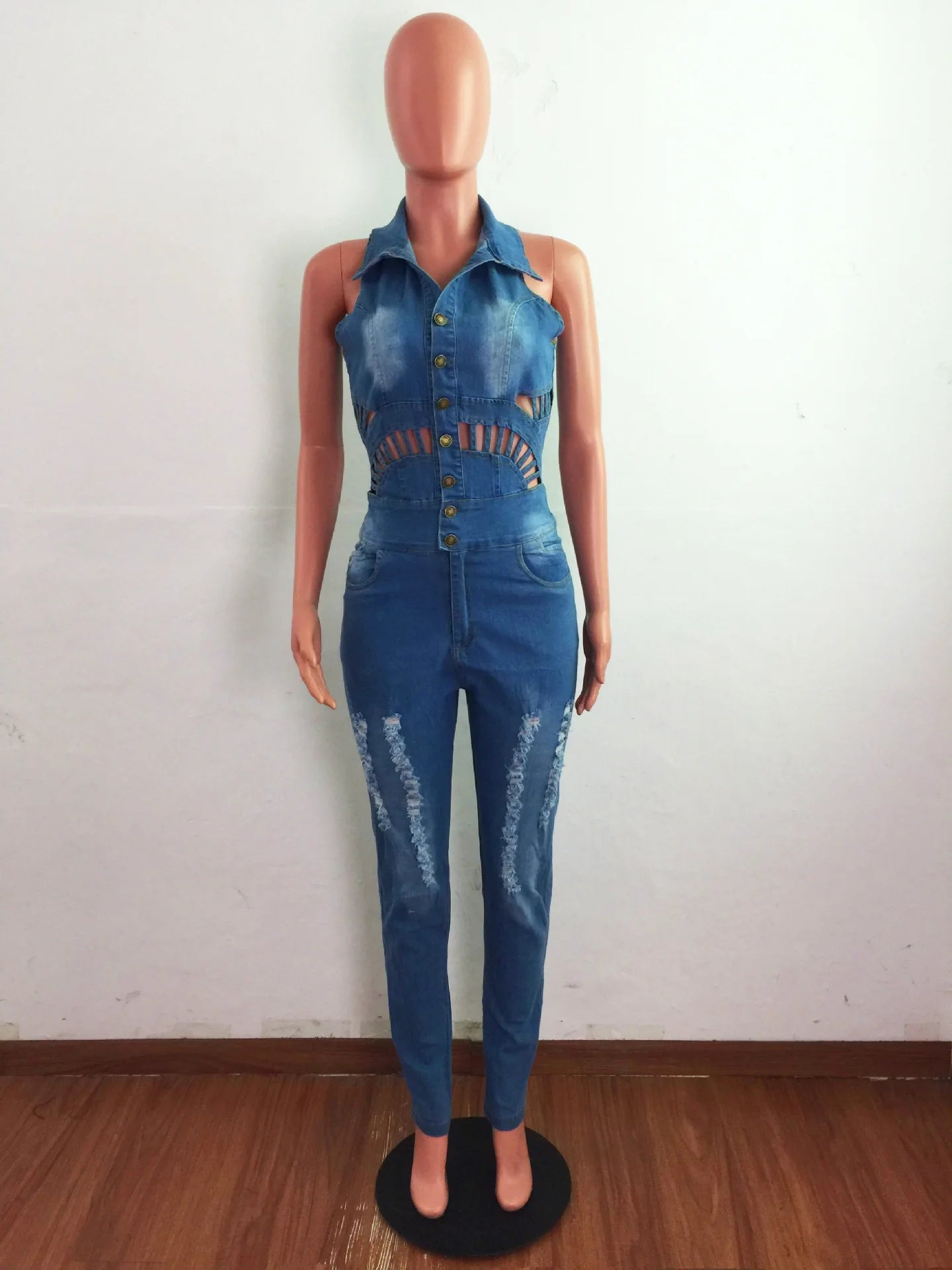 Women Hollow Out Ripped Denim Pencil Romper