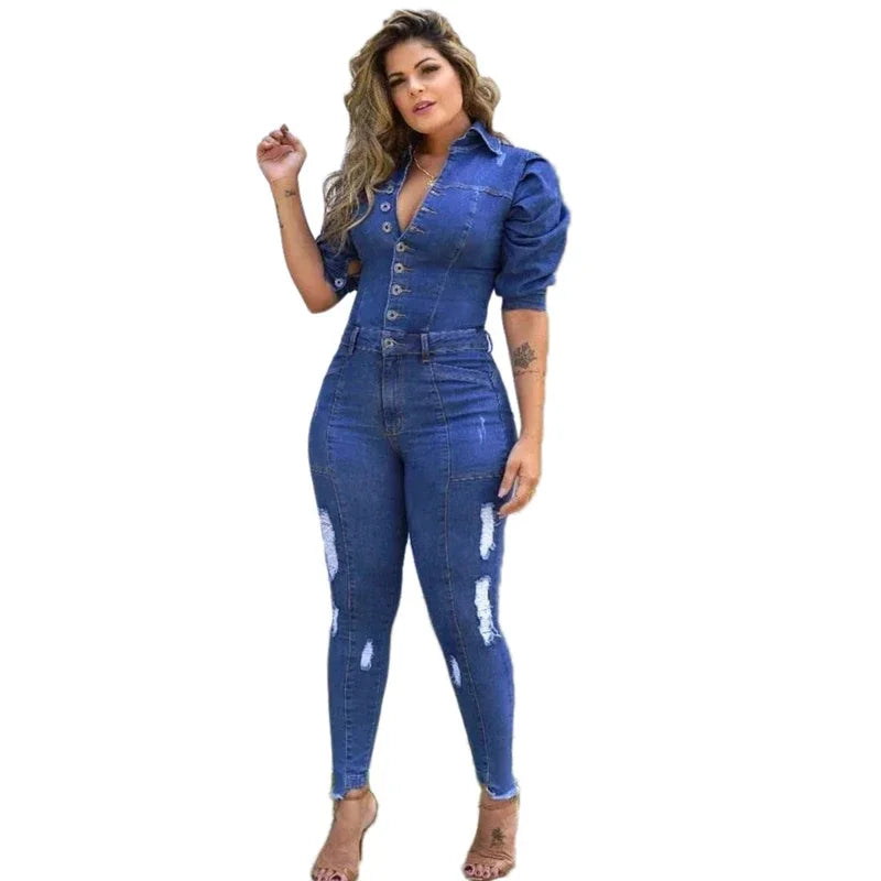 Women Puff Sleeve Ripped Denim  Romper