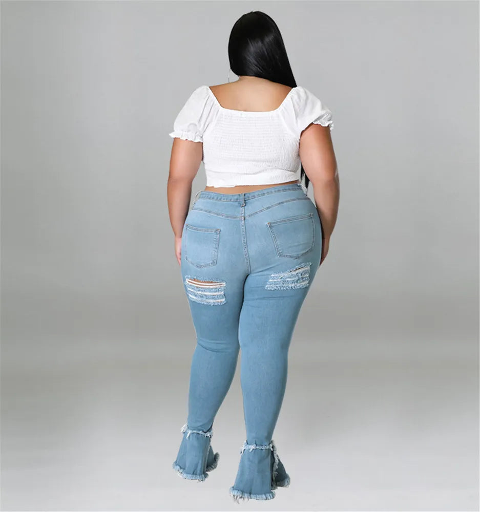 Women Plus Size  Bandage High Waist Tassel Denim Pants