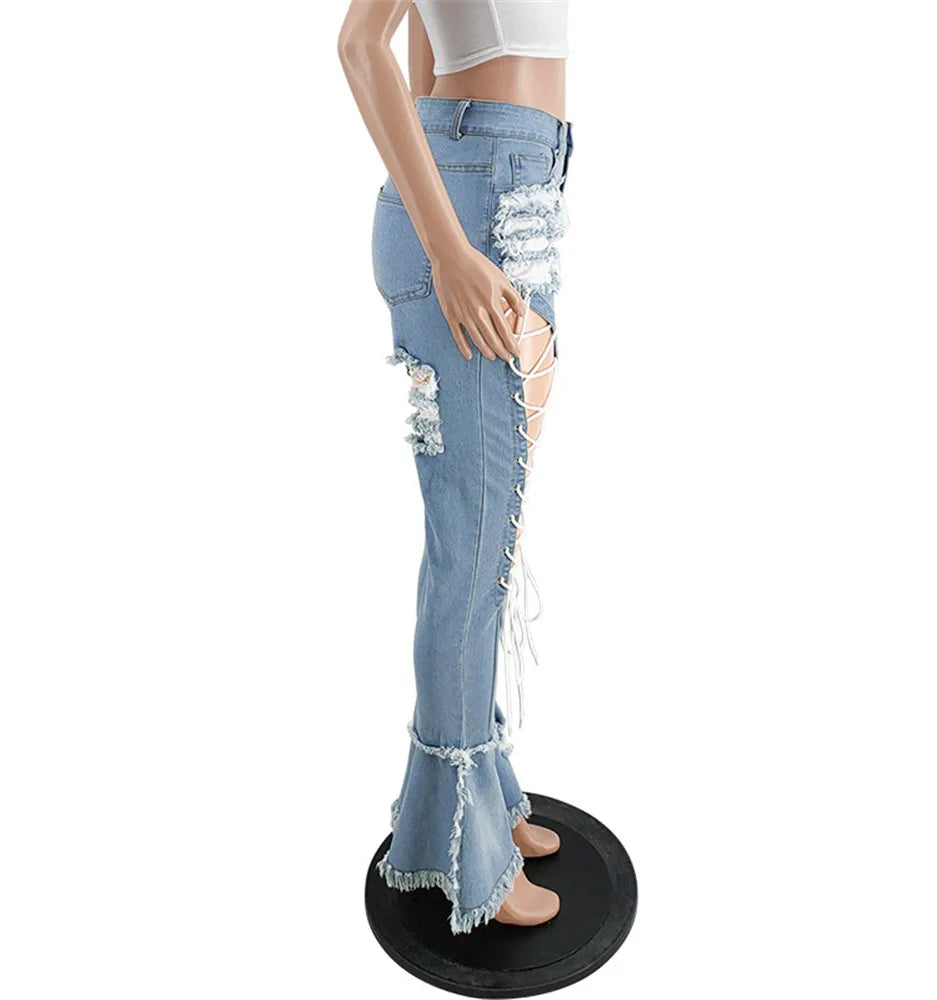 Women Plus Size  Bandage High Waist Tassel Denim Pants