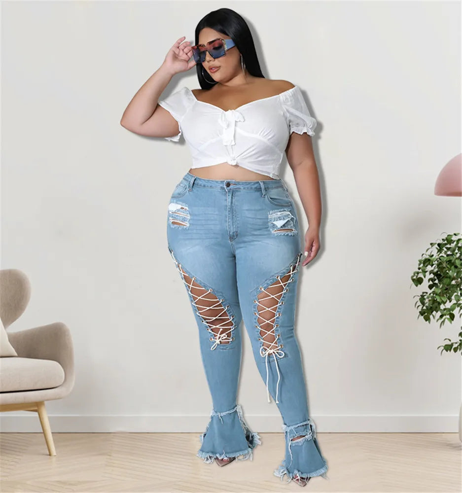 Women Plus Size  Bandage High Waist Tassel Denim Pants