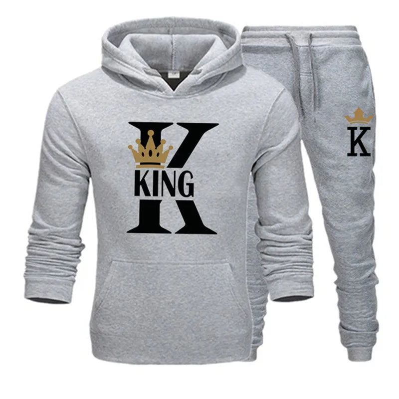 Men and Women Sweater Set KING QUEEN Loose Relaxed Hooded Print Couple Set