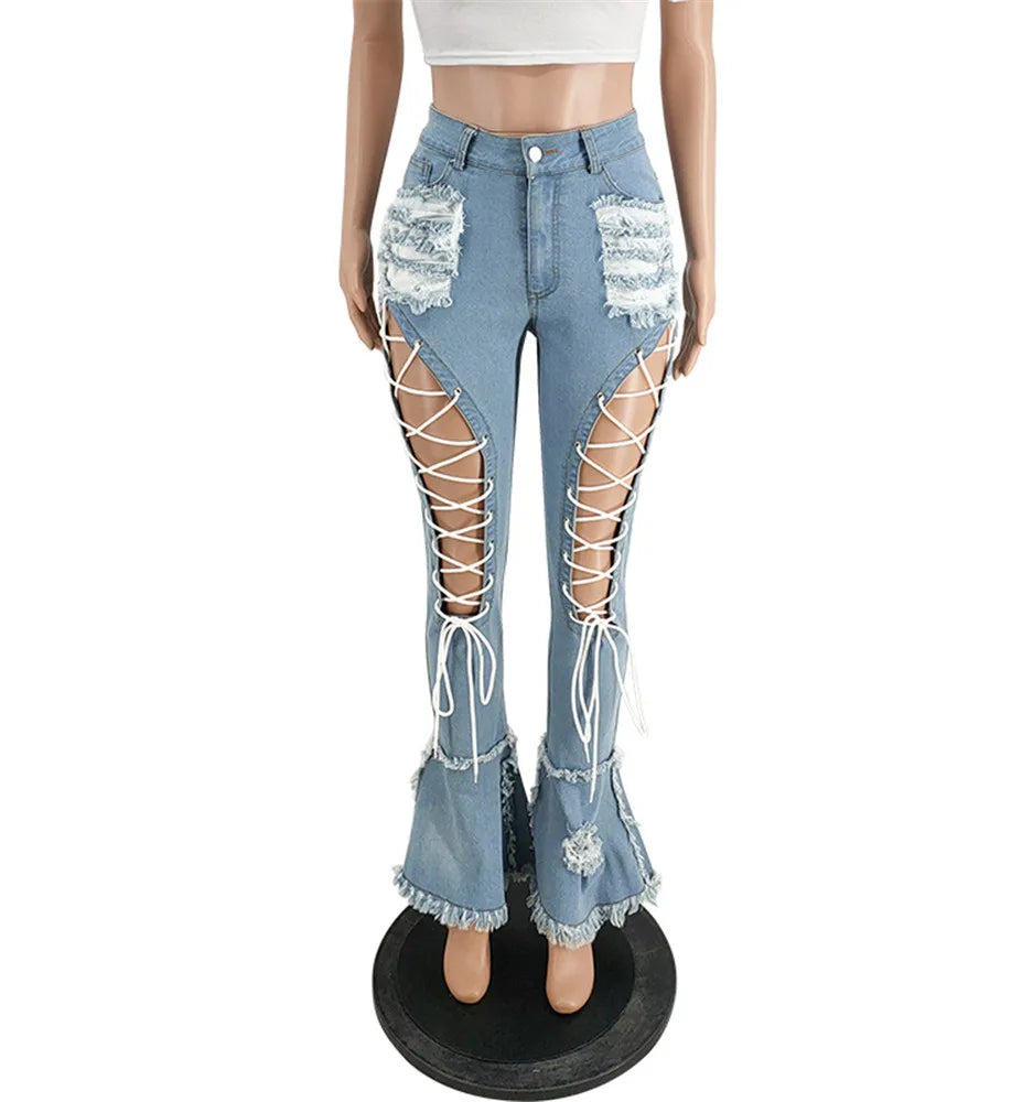 Women Plus Size  Bandage High Waist Tassel Denim Pants