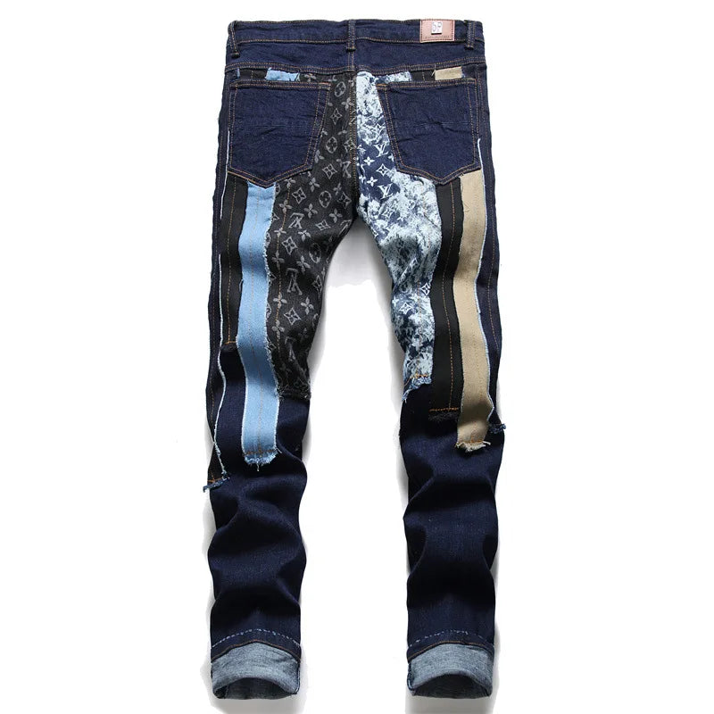 Men Slim-fit Patchworks Dark Blue Jeans