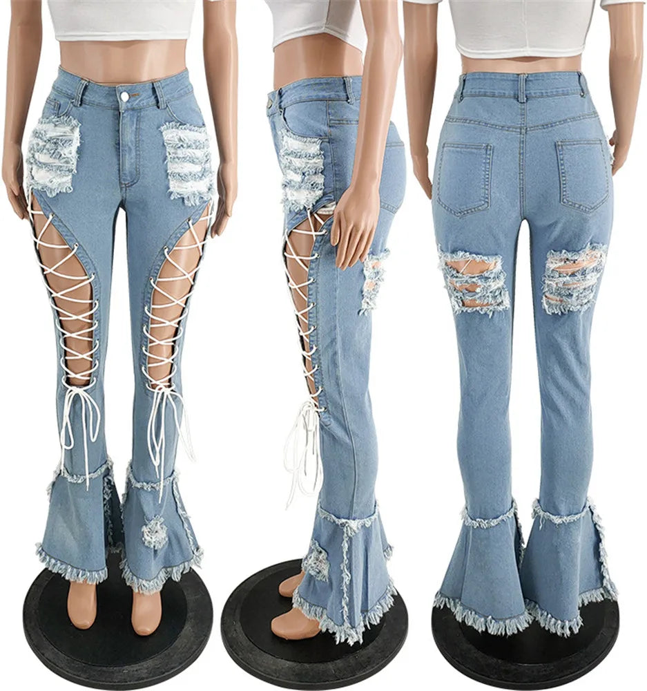 Women Plus Size  Bandage High Waist Tassel Denim Pants