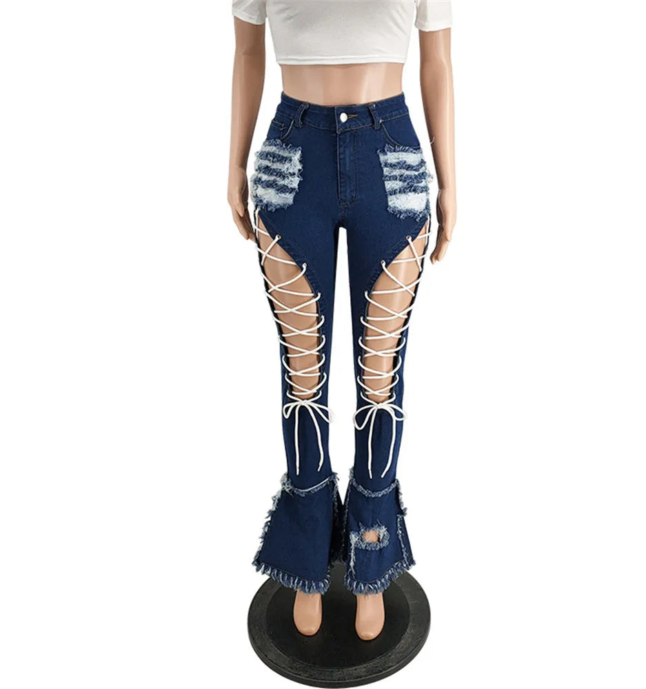 Women Plus Size  Bandage High Waist Tassel Denim Pants