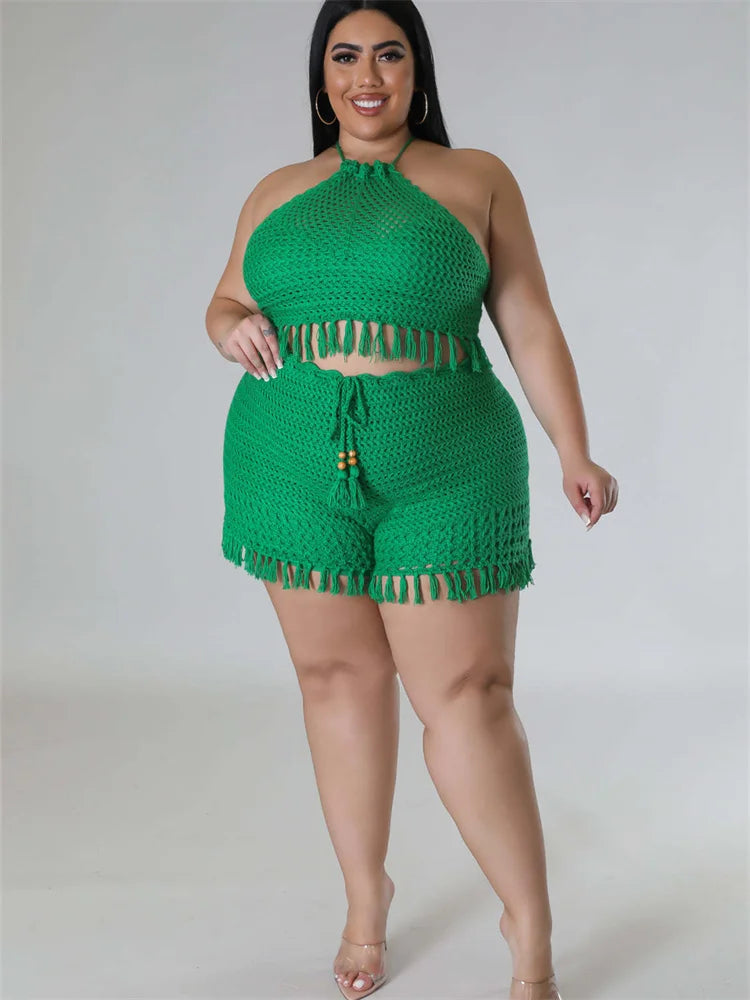 Plus Size Women Crop Top and Shorts Set