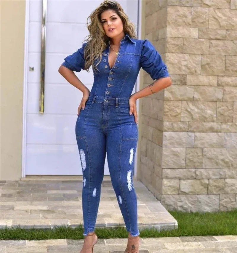 Women Puff Sleeve Ripped Denim  Romper