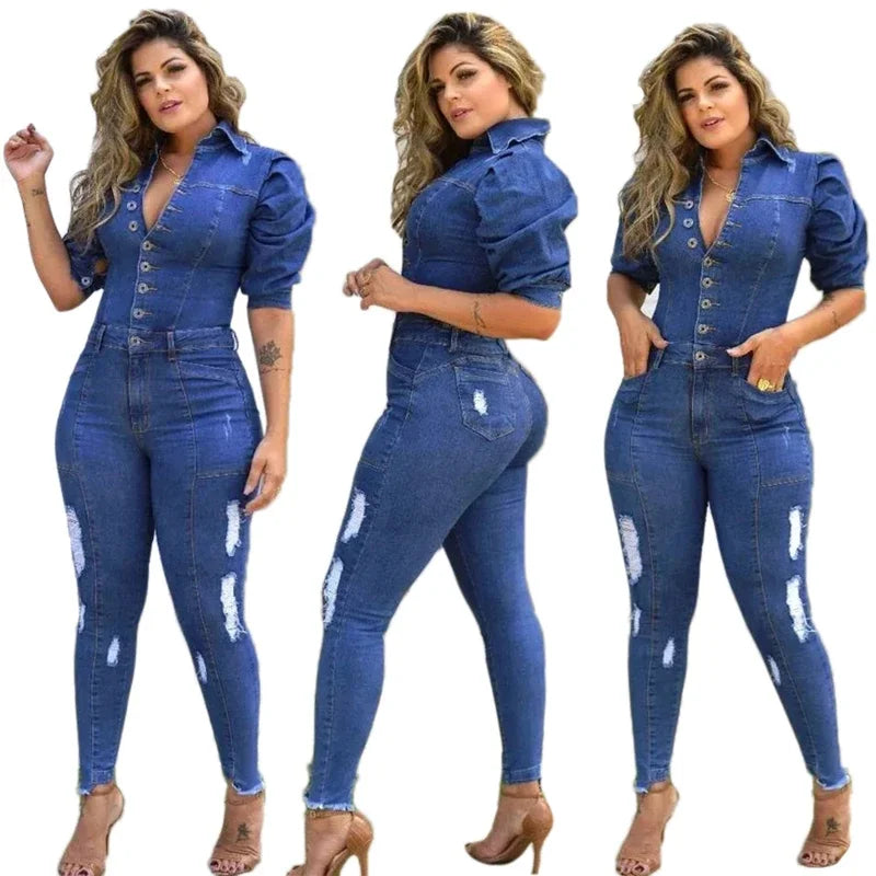 Women Puff Sleeve Ripped Denim  Romper