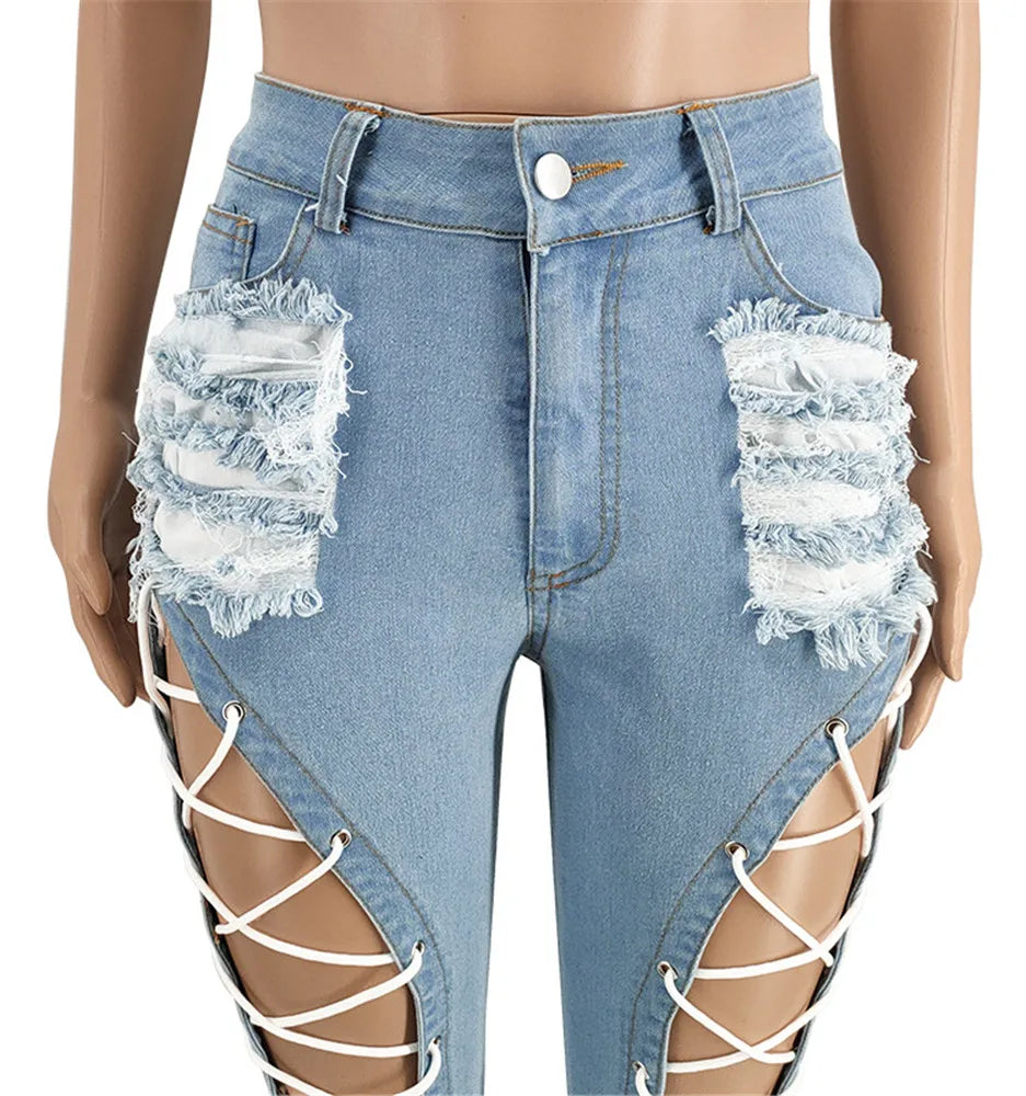 Women Plus Size  Bandage High Waist Tassel Denim Pants