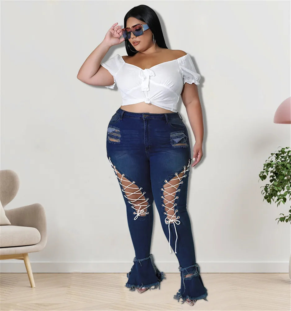 Women Plus Size  Bandage High Waist Tassel Denim Pants