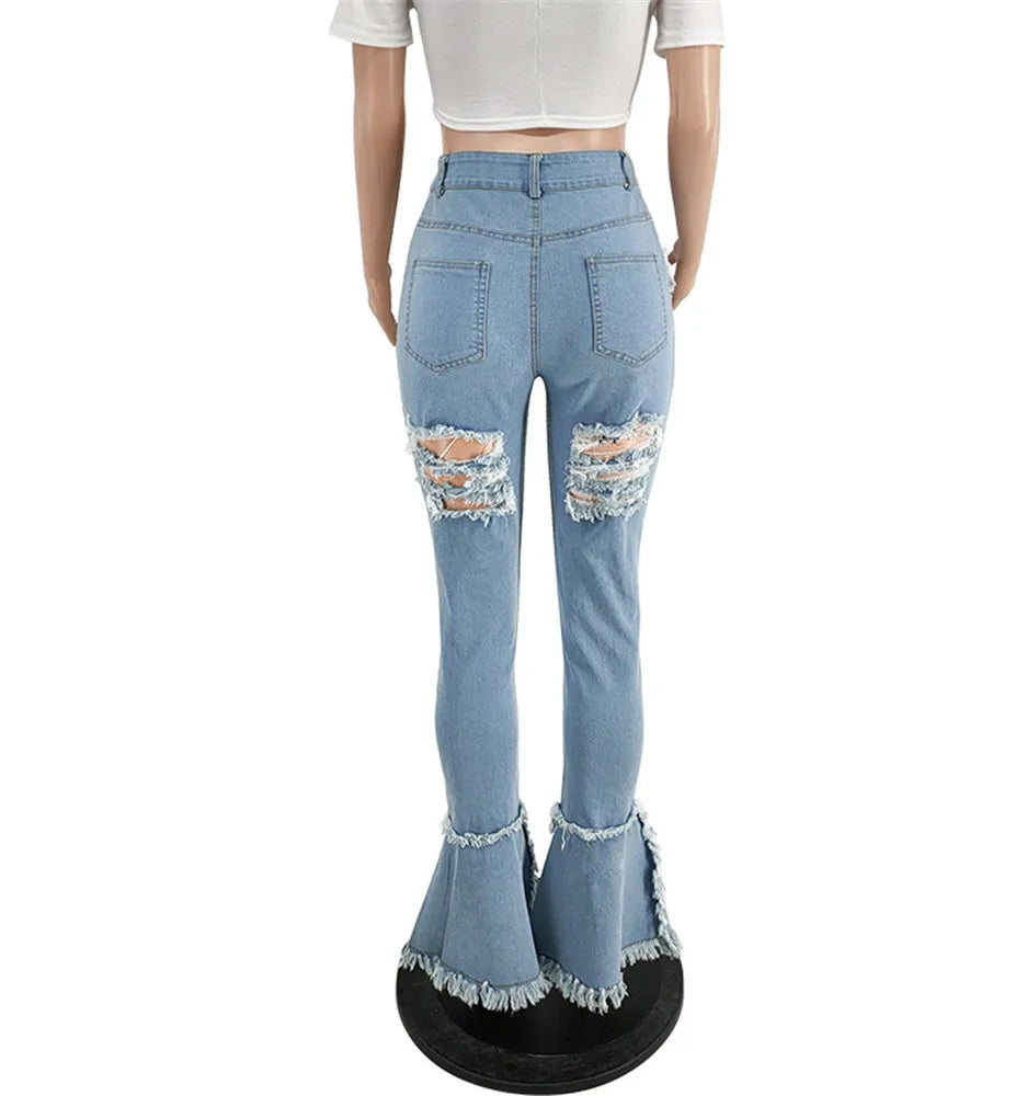 Women Plus Size  Bandage High Waist Tassel Denim Pants