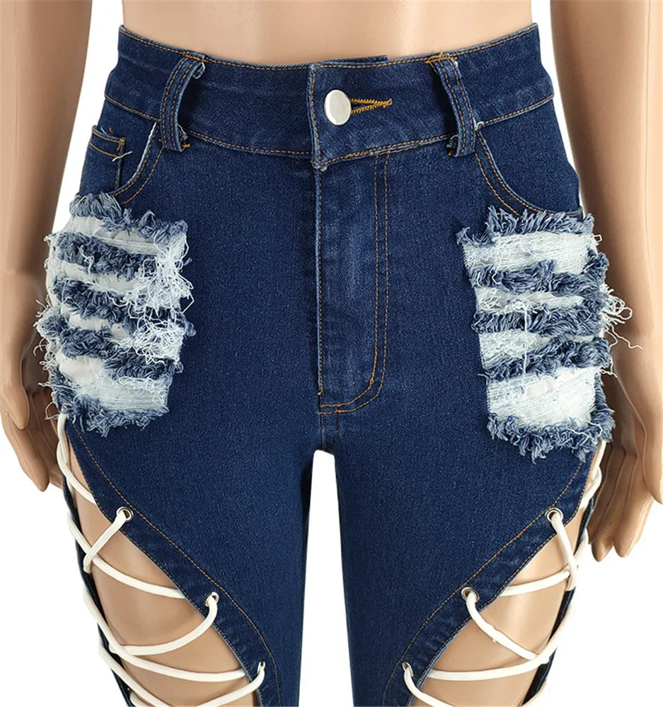 Women Plus Size  Bandage High Waist Tassel Denim Pants