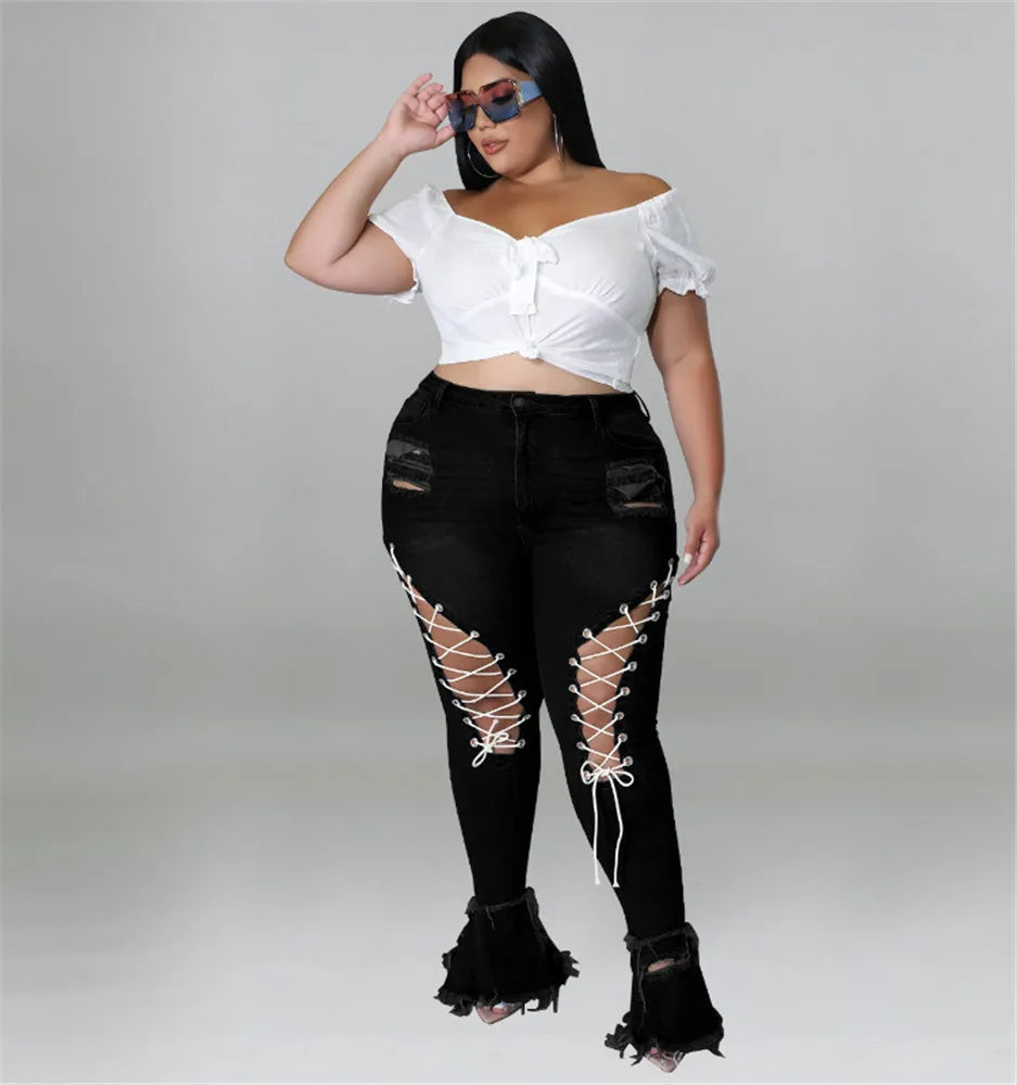 Women Plus Size  Bandage High Waist Tassel Denim Pants