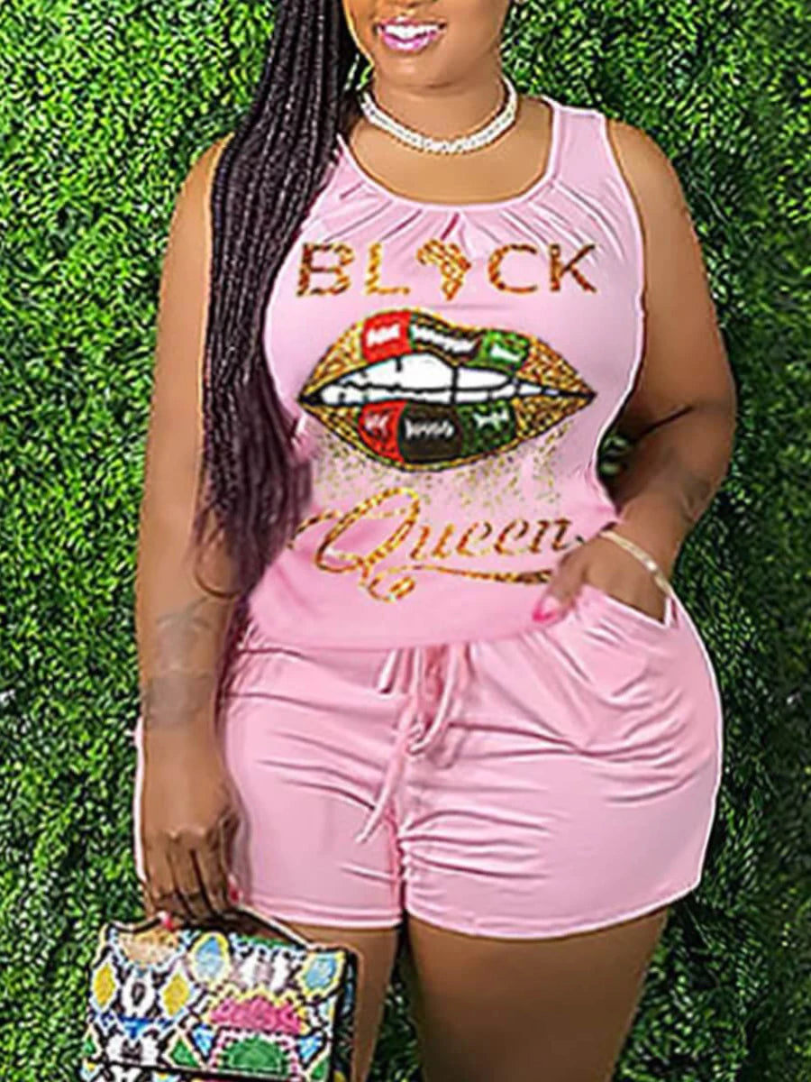 Women Queen  Plus Size Two-piece Shorts Set