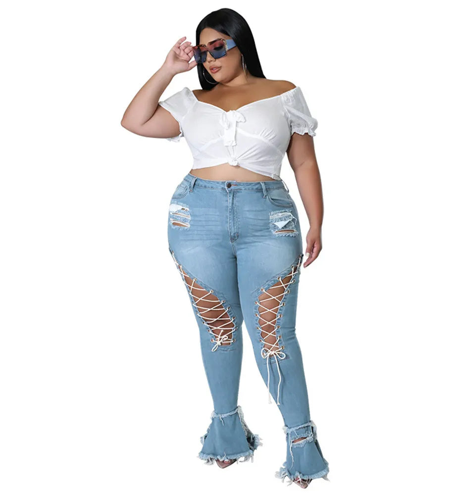 Women Plus Size  Bandage High Waist Tassel Denim Pants