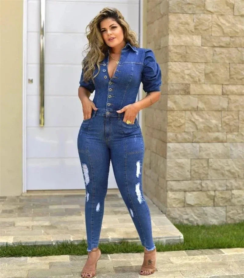 Women Puff Sleeve Ripped Denim  Romper