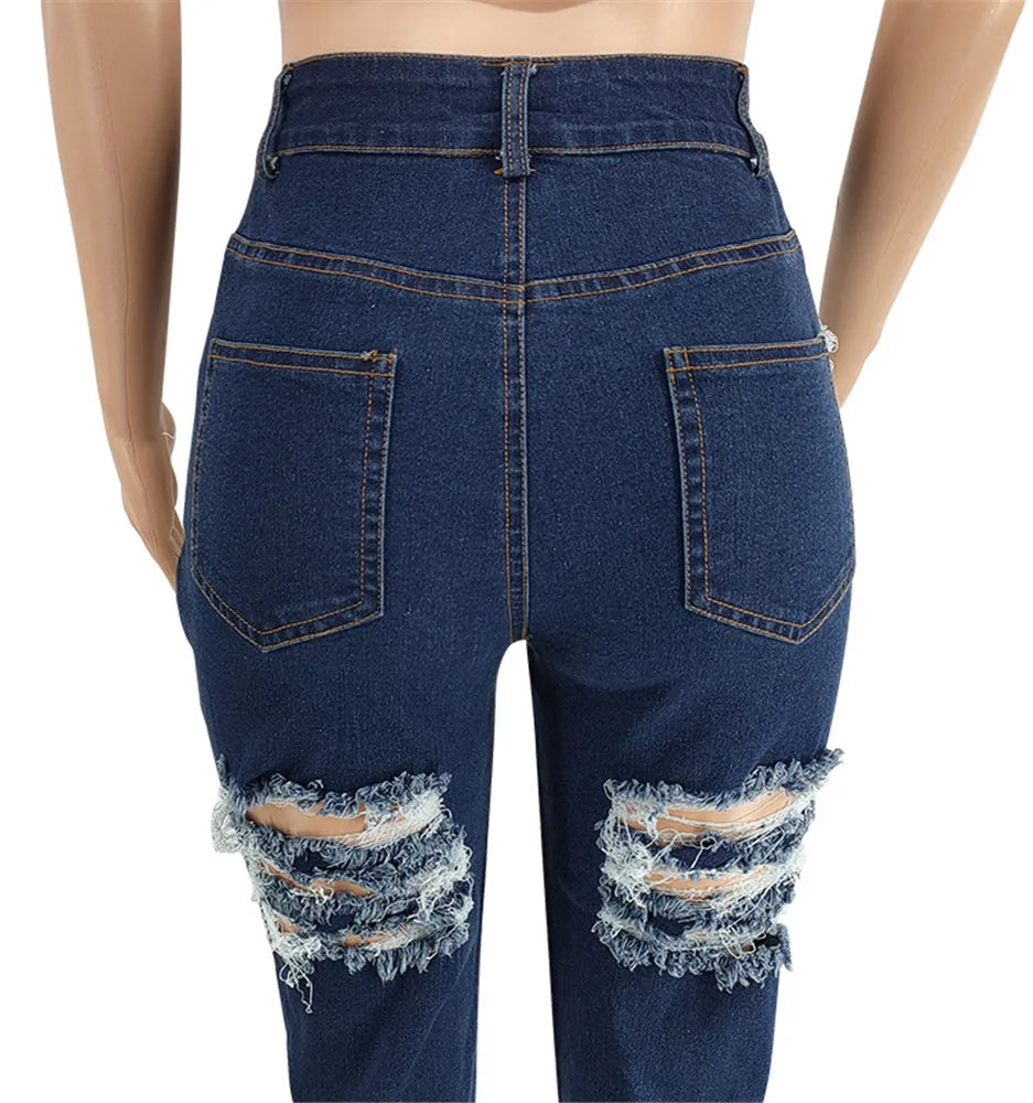 Women Plus Size  Bandage High Waist Tassel Denim Pants