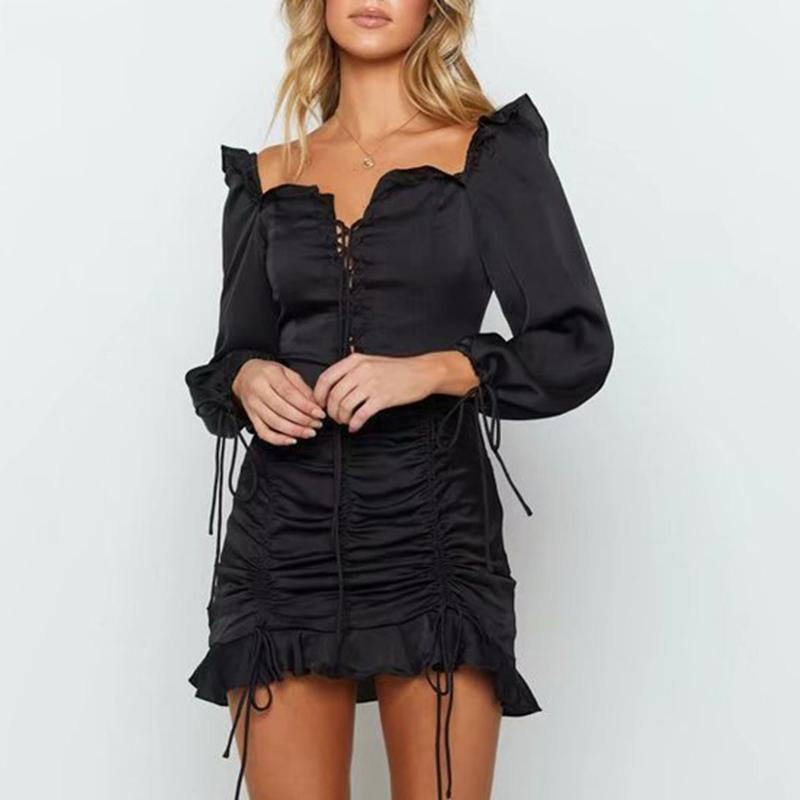 Women Long Sleeve Black Sexy Backless Lace up Club Dress