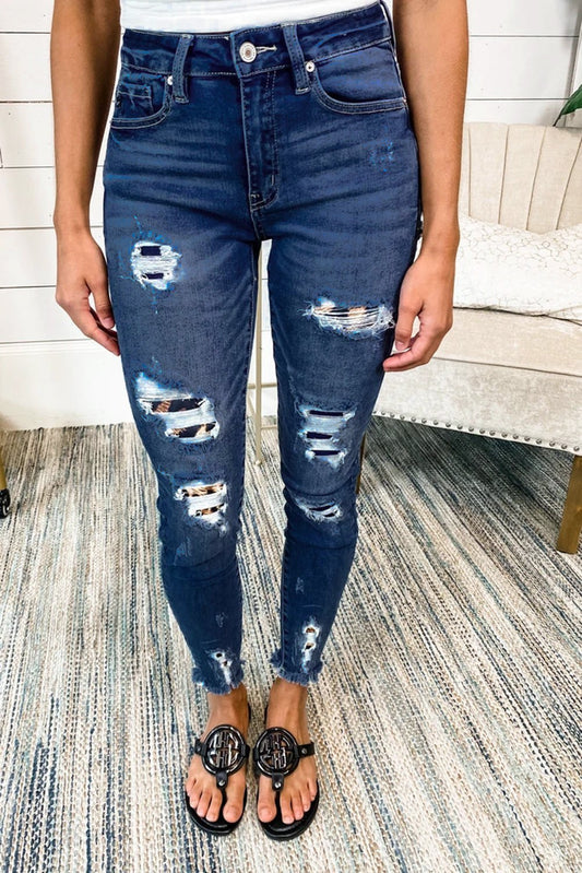 Women Dark Blue Leopard Patch Skinny Jeans