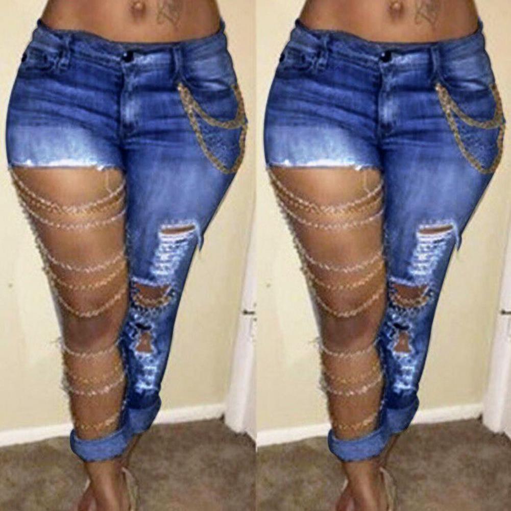 Women High Waist Ripped Chain Jeans