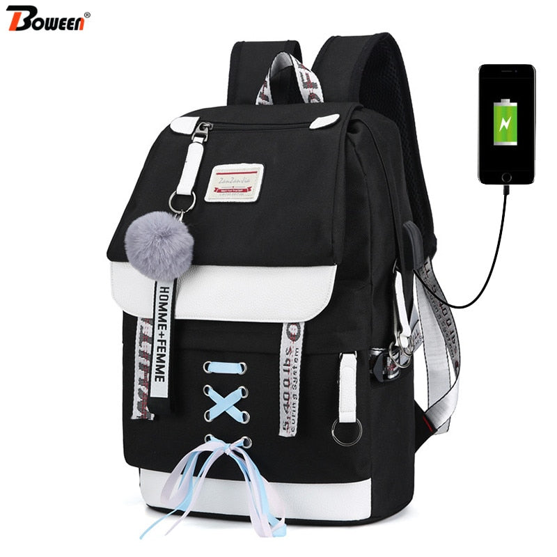 Canvas Usb School Bags for Girls Teenagers Backpack