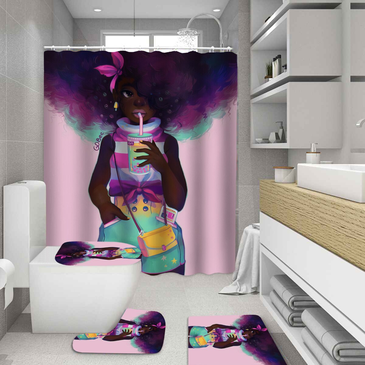 Afro African American Bathroom Shower Curtain Set
