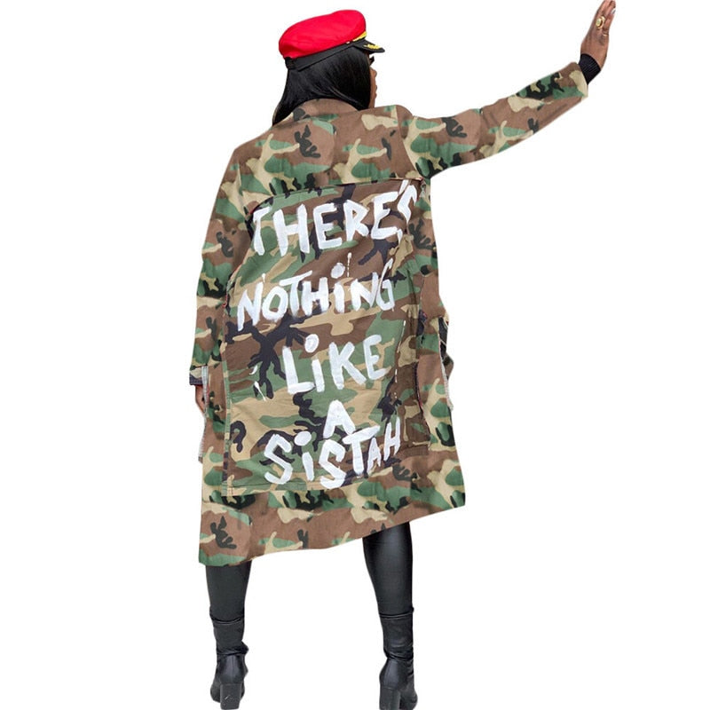 Women Camouflage Trench Plus Size Letter Print Jacket