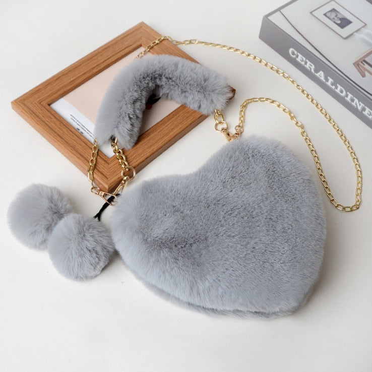 Women  Cute Plush Heart Shaped Shoulder Bag