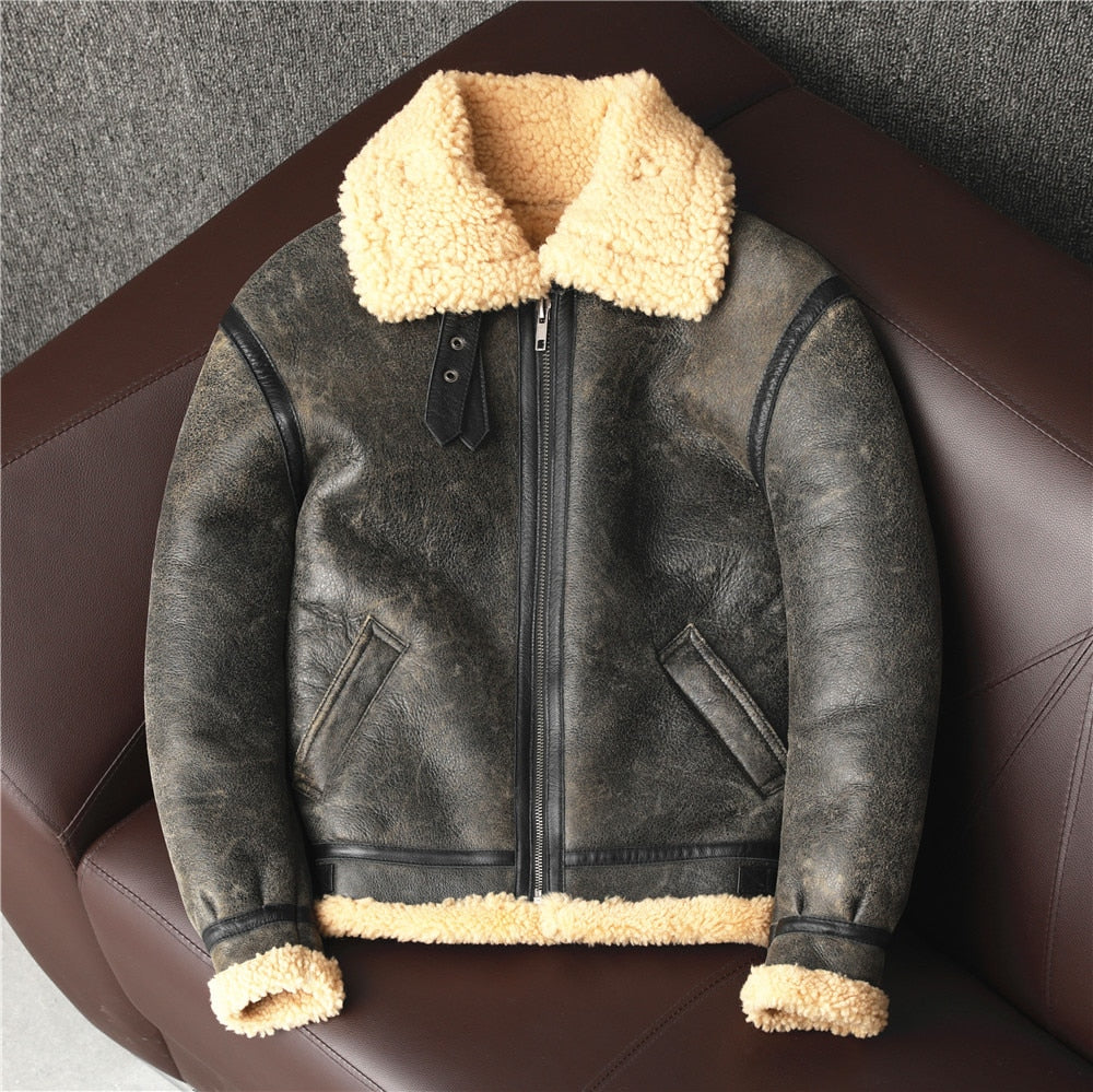 Men Wool Insole  Leather Fur Jacket