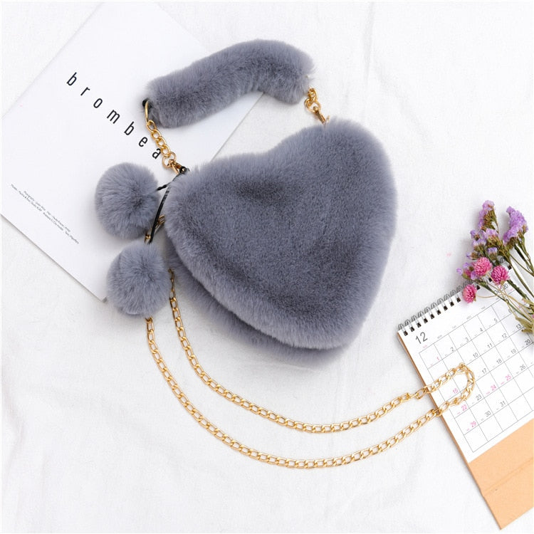 Women  Cute Plush Heart Shaped Shoulder Bag