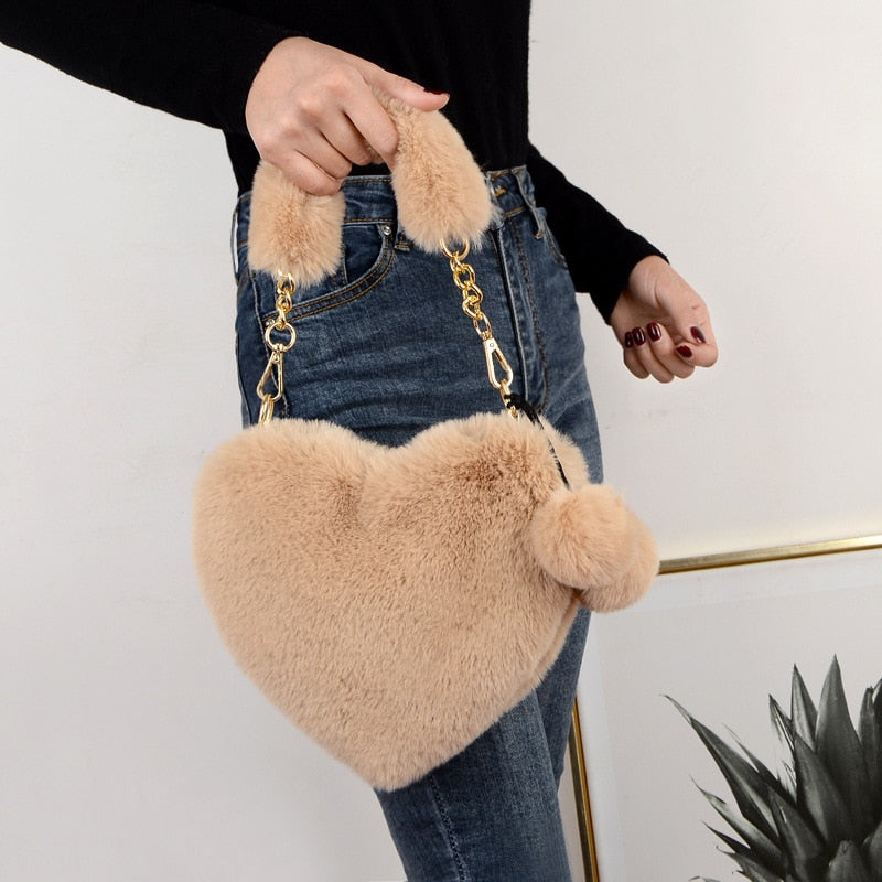 Women  Cute Plush Heart Shaped Shoulder Bag