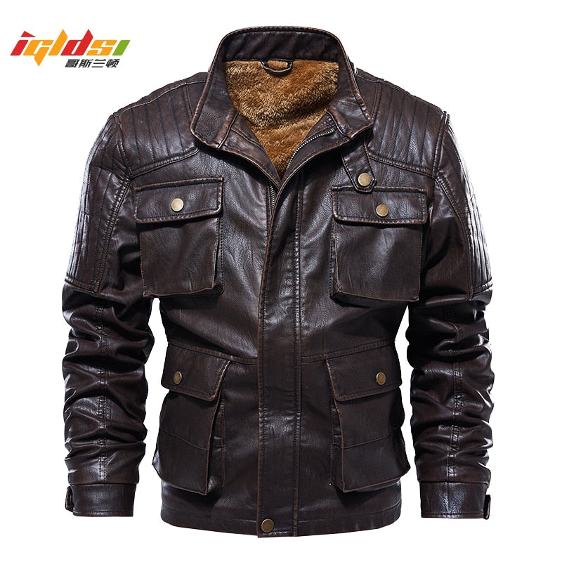 Men Winter Fleece Thicken Leather Jacket