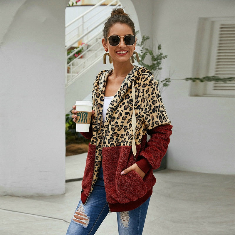 Women Winter Leopard Zipper Hoodie
