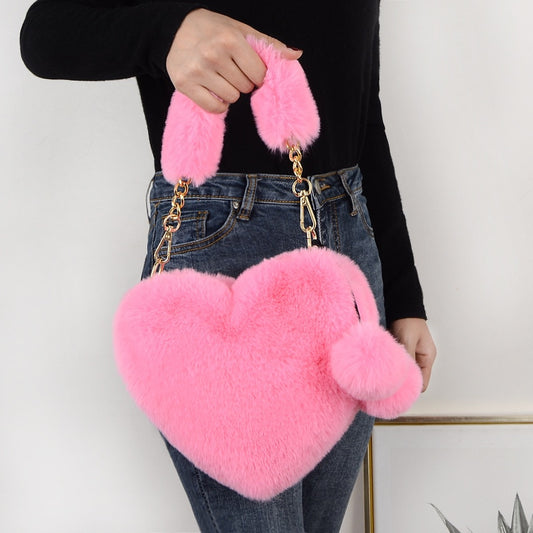 Women  Cute Plush Heart Shaped Shoulder Bag