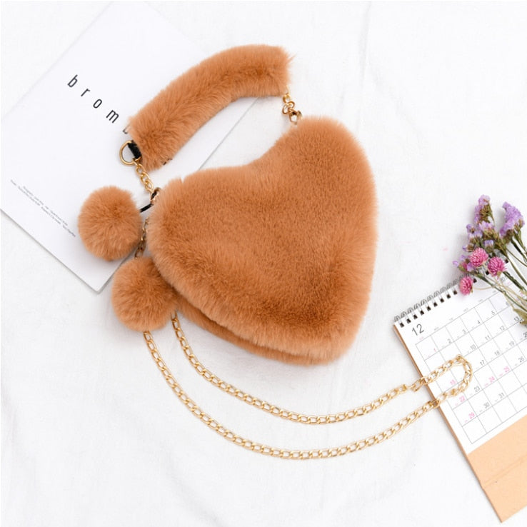 Women  Cute Plush Heart Shaped Shoulder Bag