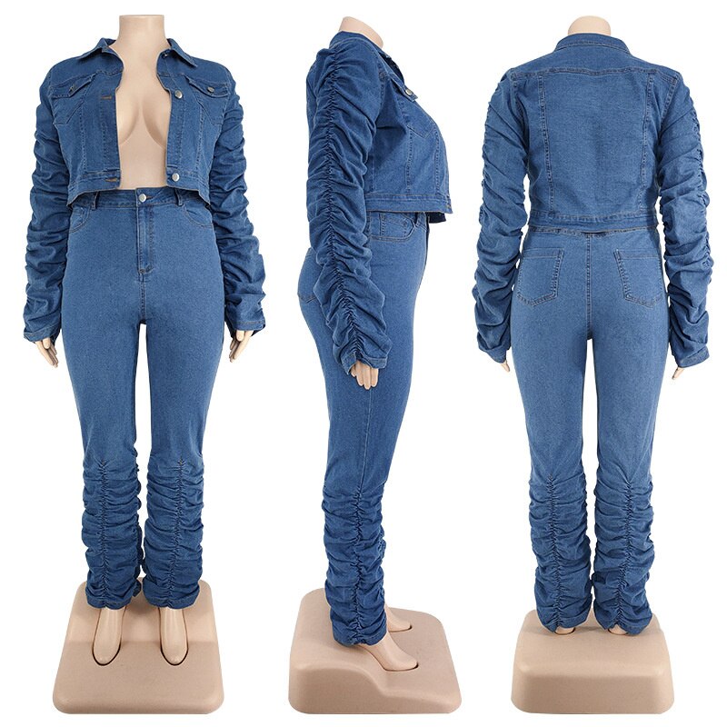 Women Plus Size Two Piece Denim Coat Jeans Stacked Pant