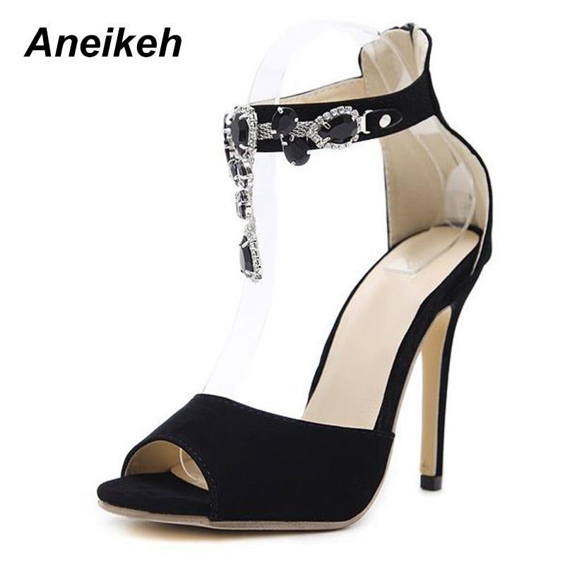 Women Black Crystal Embellished Suede Leather High Heel Shoes
