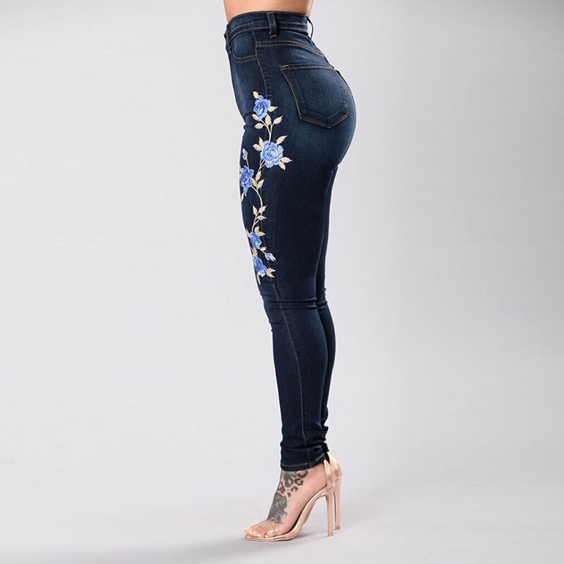 Women Blue Rose Embroidered Jeans