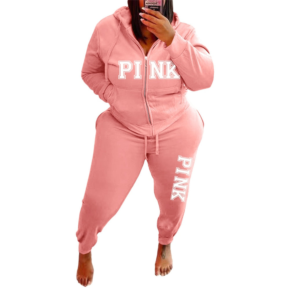 Women Plus Size Pink Letter Pattern Two Piece Set