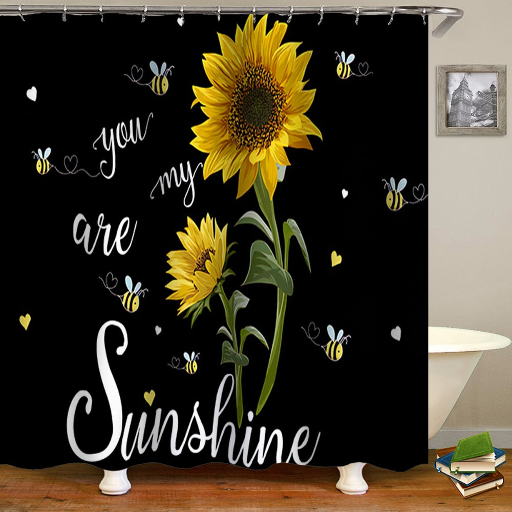Sunflower Black Beautiful Flowers 3d Print Shower Curtain Sets