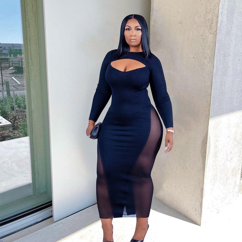 Women Plus Size  Bodycon Long Sleeve Black Dress