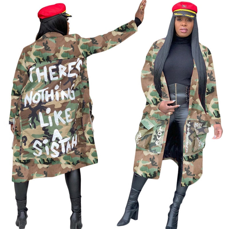 Women Camouflage Trench Plus Size Letter Print Jacket